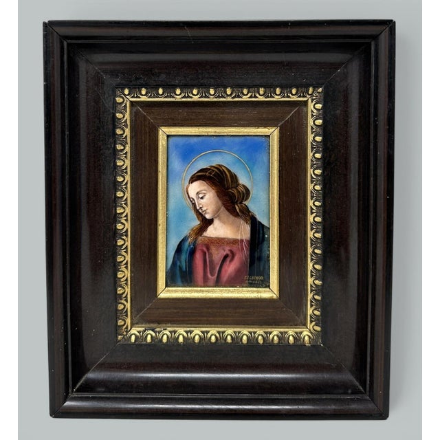 Antique Vintage French Religious Enamel on Copper Virgin Mary Fj Carmona Limoges For Sale - Image 6 of 11