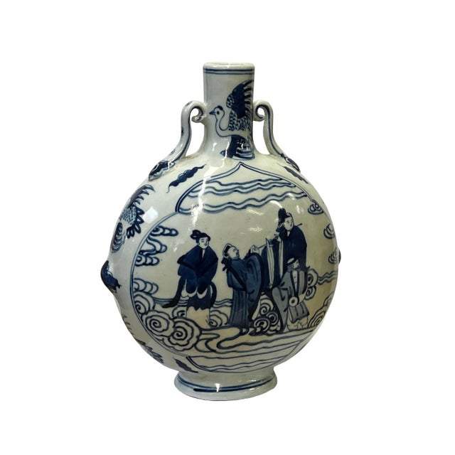 Chinese Blue White Porcelain Round Flat Body People Theme Vase For Sale - Image 4 of 6