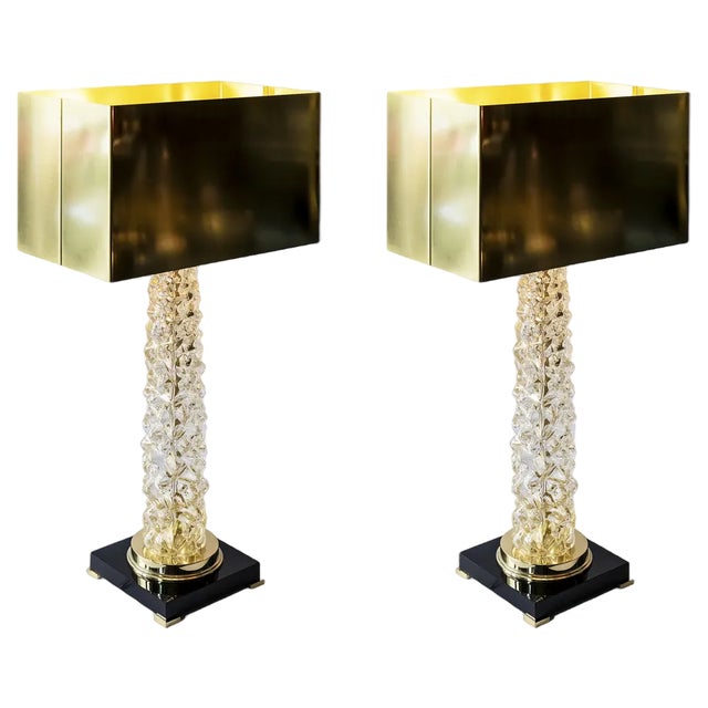 Italian Table Lamps in Murano Glass and Brass Shades, 2010s, Set of 2 For Sale