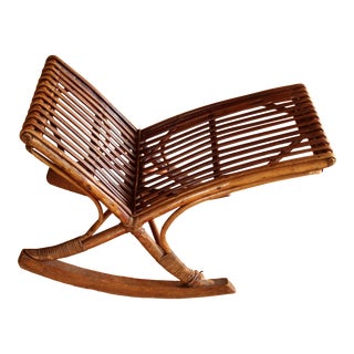 Mid Century Rocking Foot Stool, Made of Wood, Bamboo and Rattan For Sale