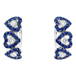 Late 20th Century Pair of 18K White Gold Sapphire Diamond Heart Huggie Earrings Estate For Sale
