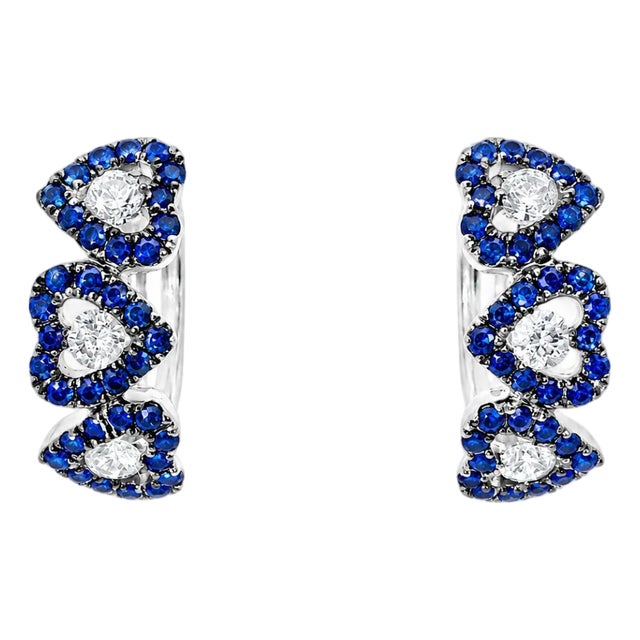 Late 20th Century Pair of 18K White Gold Sapphire Diamond Heart Huggie Earrings Estate For Sale