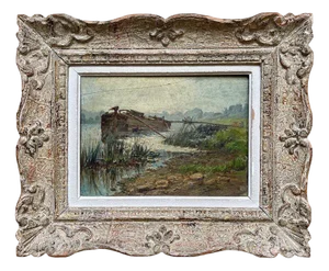 G. Bouzar, Barge on the Seine in Bois-Le-Roi, 1918, Oil on Panel