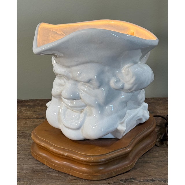English Antique English Toby Head Ceramic Table Lamp on Wooden Base For Sale - Image 3 of 9