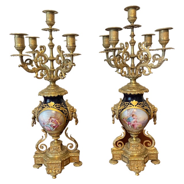 Gold Gilt Sevre's Style Cobalt Blue Candelabra Pair 19th Century French Louis XI Style For Sale