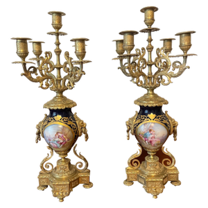 Gold Gilt Sevre's Style Cobalt Blue Candelabra Pair 19th Century French Louis XI Style