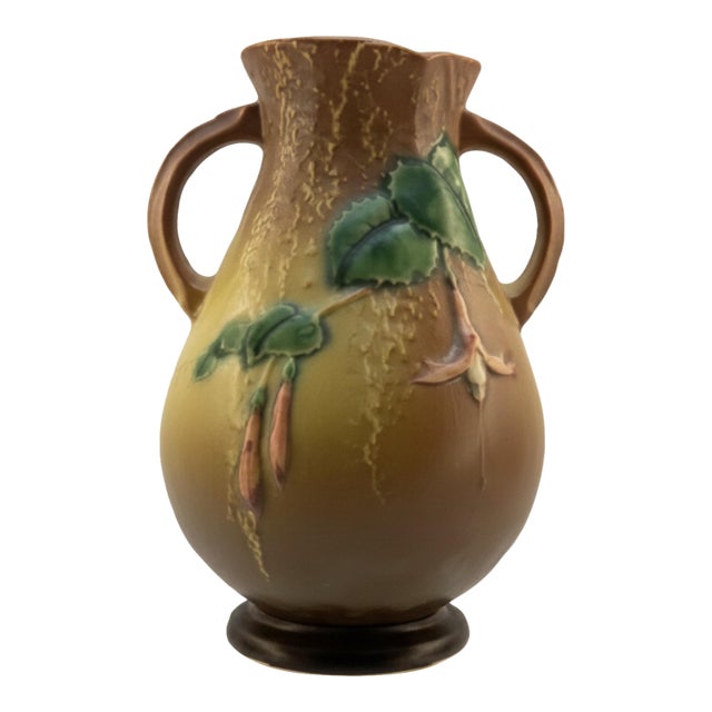 1938 Roseville Pottery Fuchsia Brown Double-Handled Vase 895-7 For Sale