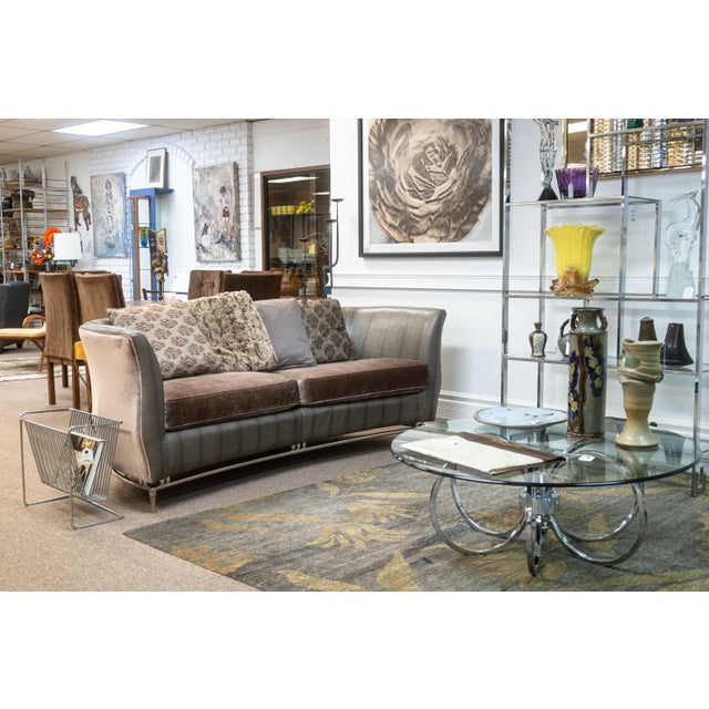 A custom made Schnadig Furniture Co tub-style sofa. This wonderfully unique sofa features an eclectic set of materials,...