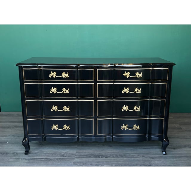 French Provincial 1970's High Gloss Black Lacquered French Provincial Dresser of Nine Drawers For Sale - Image 3 of 16