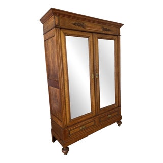 French Two-Door Wardrobe in Oak with Mirror For Sale