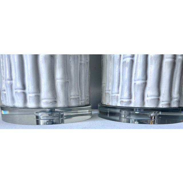 Modern Ceramic Faux Bamboo Lamps-Glass Bases & Finials-Set 2 For Sale - Image 3 of 9