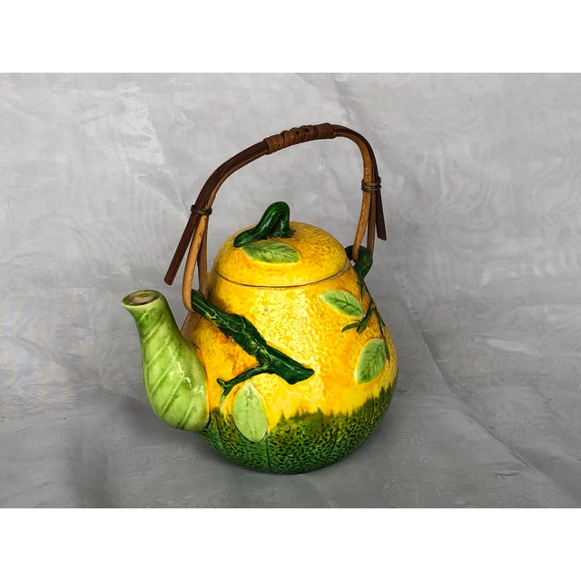 Rustic Decorative Ceramic Teapot With Bamboo Handle For Sale - Image 3 of 13