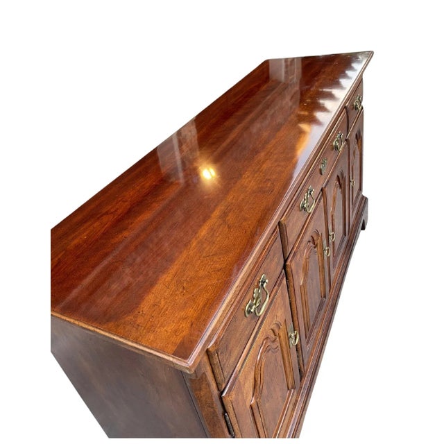 Wood Vintage Cherry Wood Sideboard With Brass Handles and Pulls Linned Drawers For Sale - Image 7 of 12