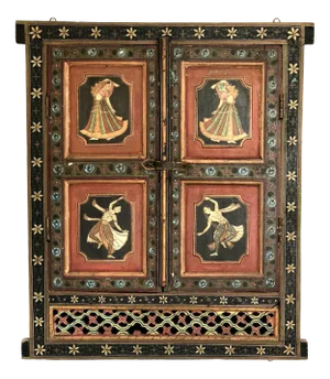 19th Century Indian Hand Painted Carved Wood Window Frame
