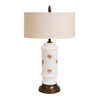 Vintage Floral Milk Glass Table Lamp With Aged Bronze Finish and Linen Shade For Sale