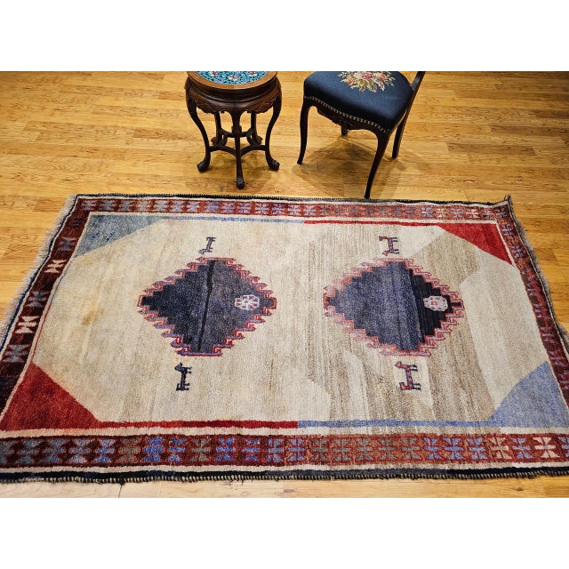 Vintage Persian Gabbeh Tribal Rug, Hand-Knotted Wool, Minimalist Diamond Design, Ivory & Gray, 4x7 For Sale - Image 4 of 15