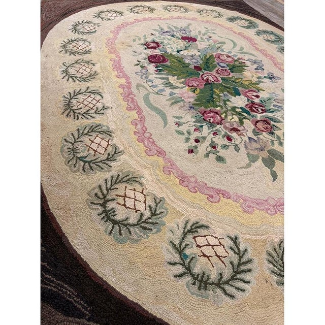 1880s Traditional Beige Antique Roses Folk Art American Hooked Knotted Wool Rug For Sale - Image 4 of 9