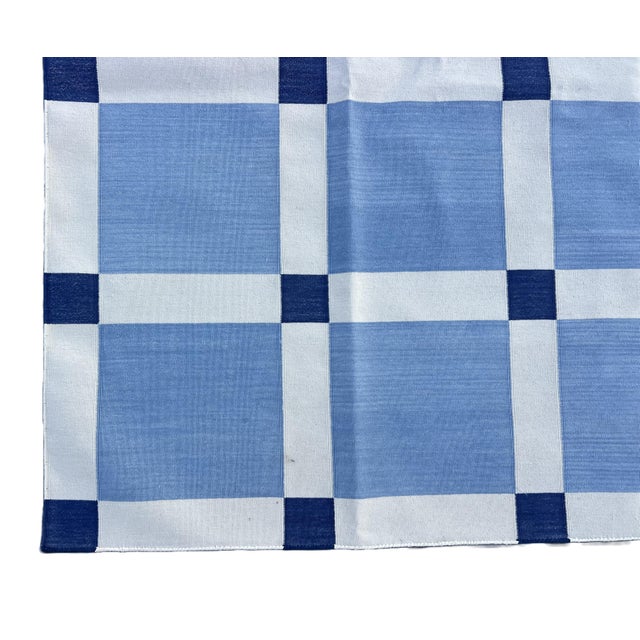 Handmade Cotton Vegetable Dyed Rug, Sky Blue and White Tile Geometric Dhurrie-6'x9' For Sale - Image 6 of 18