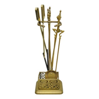 Antique English Federal Brass Urn Finial Fireplace Tool Set With Stand For Sale