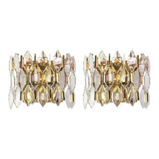 Golden Gilded Brass and Crystal Sconces from Palwa, Germany, 1970s, Set of 2 For Sale