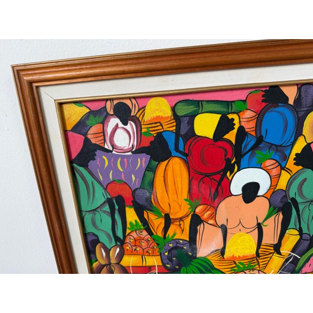 Textile Vintage Haitian Folk Art Market Scene Oil on Canvas Painting by Michael, Wood Framed For Sale - Image 7 of 12