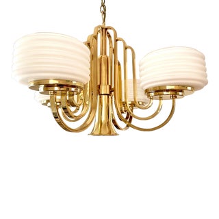 1980s Art Deco Brass and White Glass Chandelier, 5 Bulb For Sale