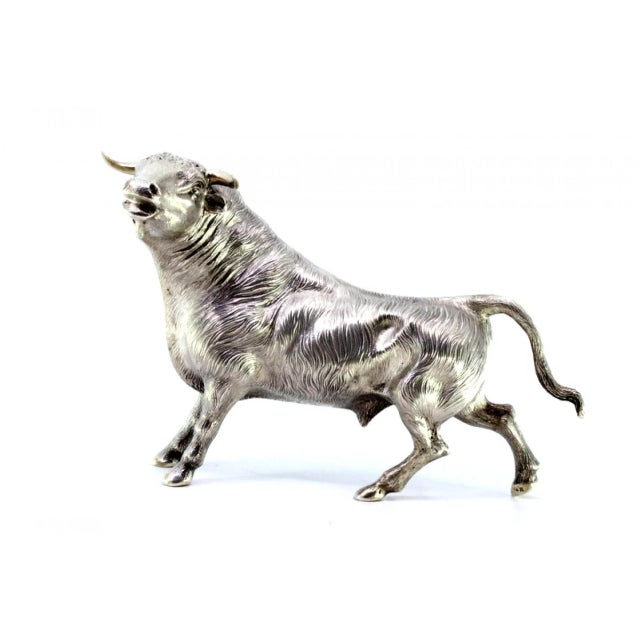 Metal Silver Bull Sculpture with Reliefs and Applications For Sale - Image 7 of 11