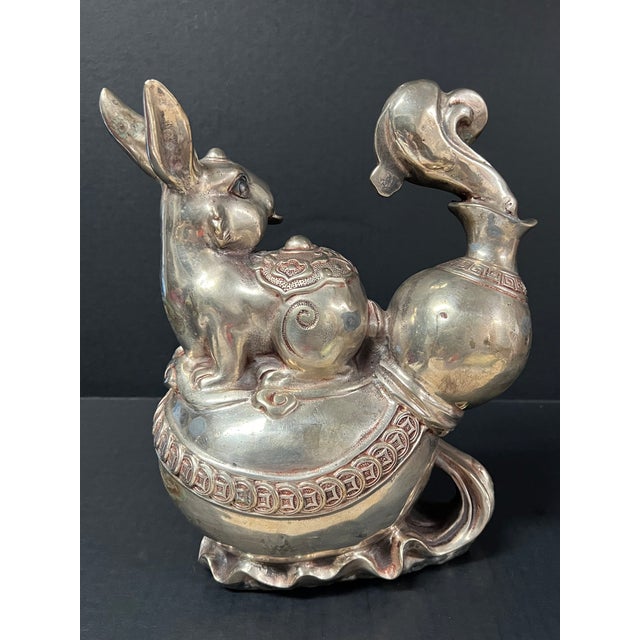 Late 20th Century Chinese Art Silver Gilt Bronze Metal Lucky Charm Rabbit Sculpture For Sale In New York - Image 6 of 10