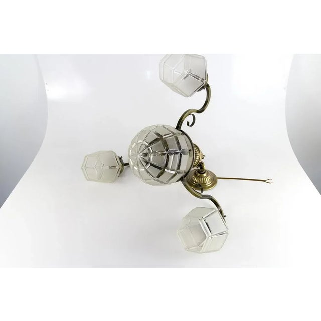 Art Deco French Brass & Frosted Glass 4-Light Chandelier, 1920s For Sale - Image 13 of 18