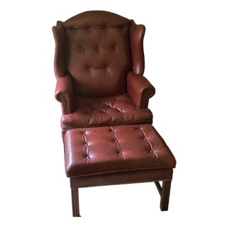 1975 Hancock & Moore Burgundy Full-Grain Leather Wingback Executive Armchair and Ottoman Set. Tufted For Sale