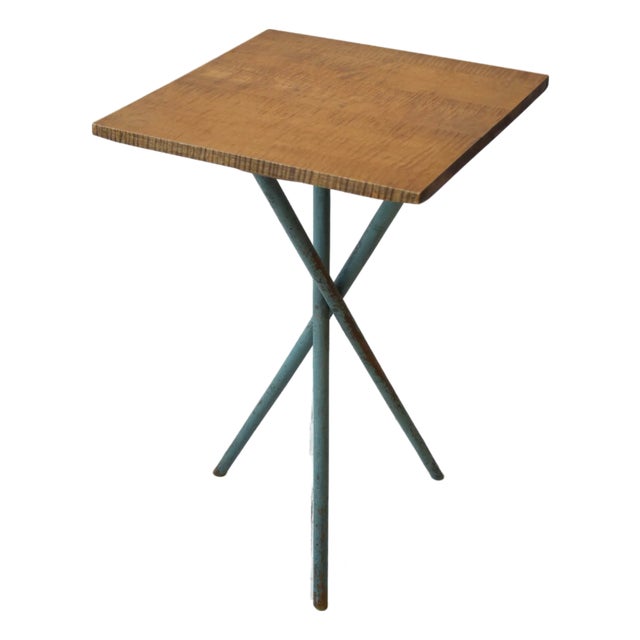 Antique Curly Maple Accent Table With Turquoise-Painted Tripod Base, Circa Early 20th Century For Sale