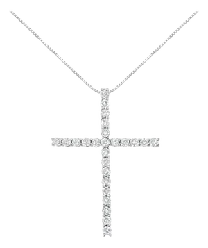 .925 Sterling Silver 2.0 Cttw Round Shape Diamond 1-1/4" Cross Pendant with Box Chain Necklace - 18"