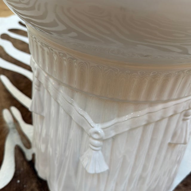 Ceramic Vintage White Glazed Ceramic Garden Stool With Draped Rope and Tassel Design For Sale - Image 7 of 9