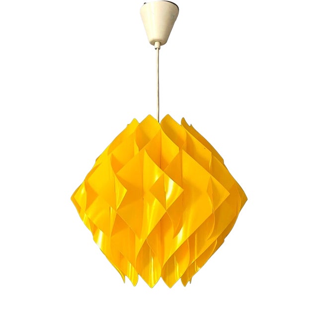 Mid-Century Modern Portuguese Yellow Acrylic Layered Geometrical Origami Hanging Lamp 1970s For Sale
