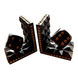 Vintage Mid-Century Carved Wood Dice Bookends - a Pair For Sale
