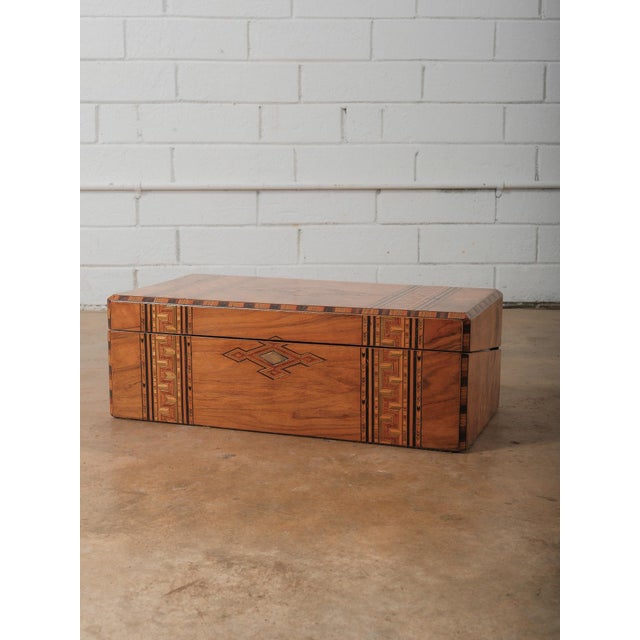 Animal Skin Vintage Marquetry Inlaid Writing Slope Lap Desk With Geometric Motif and Leather Interior For Sale - Image 7 of 13