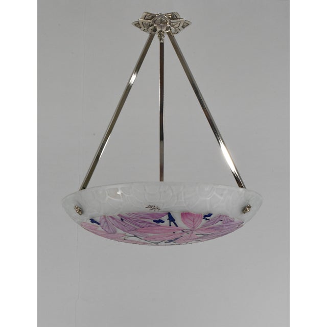 Art Deco Loys Lucha French Art Deco Pendant Light 1930s - Enameled Pink Foliage Bowl For Sale - Image 3 of 11