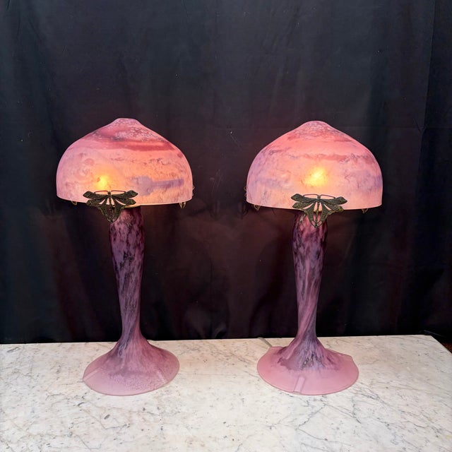 Lovely marbled violet French La Rochere handmade, mouth-blown glass champignon, or mushroom, table lamps with bronze...