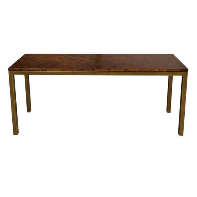 Modern 1970s Modern Burl Walnut and Brass Parson’s Style Console Table / Slim Desk For Sale - Image 3 of 7