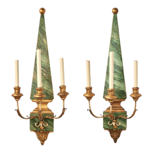 Pair of Italian Neo Classic Faux Malachite Wood Wall Sconces