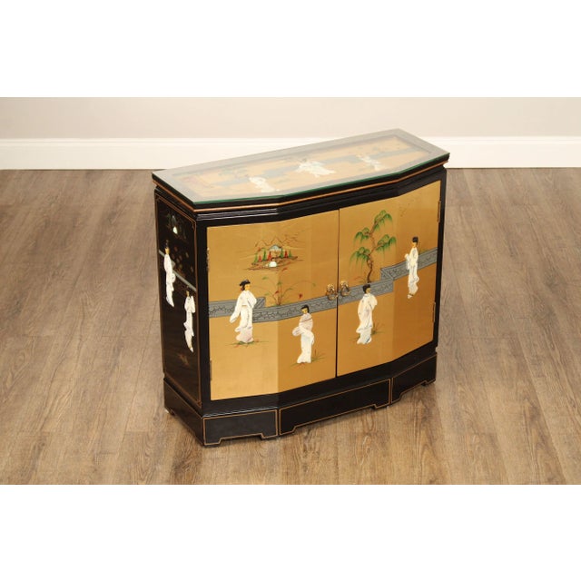 High Quality Vintage Black Lacquer Glass Top Console or Sideboard with Gold Leaf Doors and Top, Mother of Pearl and Resin...