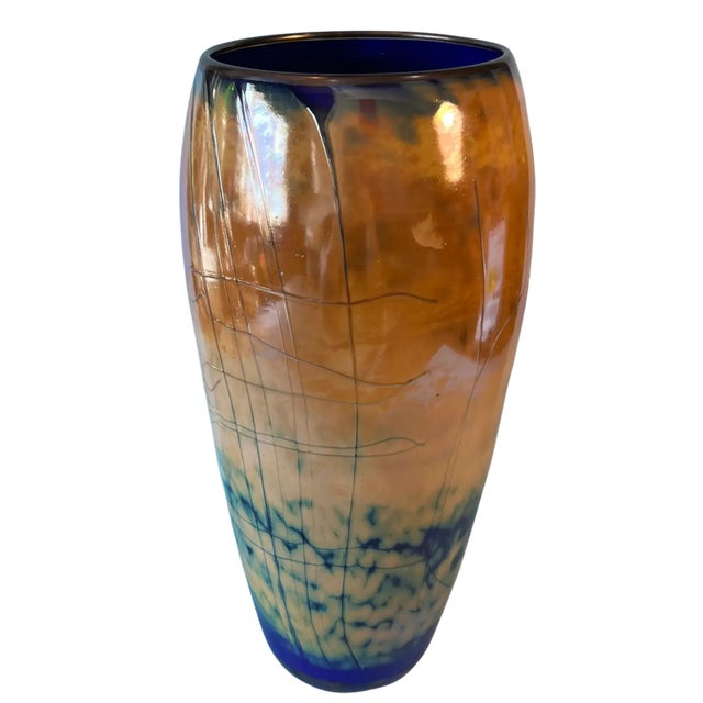 Glass Abstract Textural Art Glass Amber Blue Ovoid Vase For Sale - Image 7 of 17