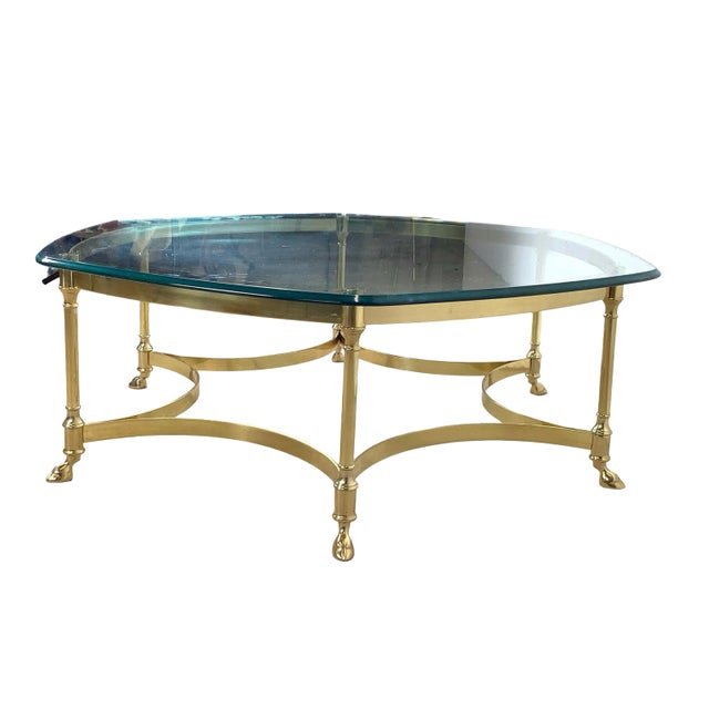 Hollywood Regency Brass & Glass Coffee Table | Hollywood Regency Style, Hoof Foot Base For Sale - Image 3 of 18