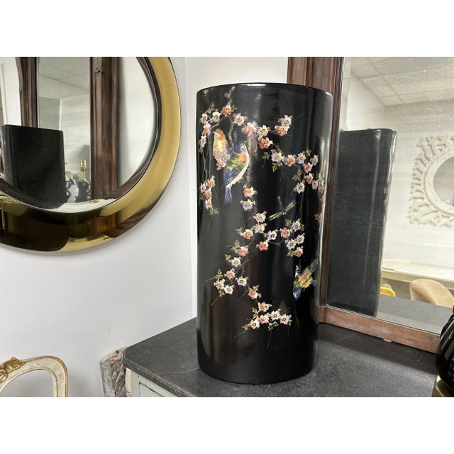 Italian Glazed Terracotta Umbrella Stand. Offered is a most unusual Italian black glazed terracotta umbrella stand or cane...