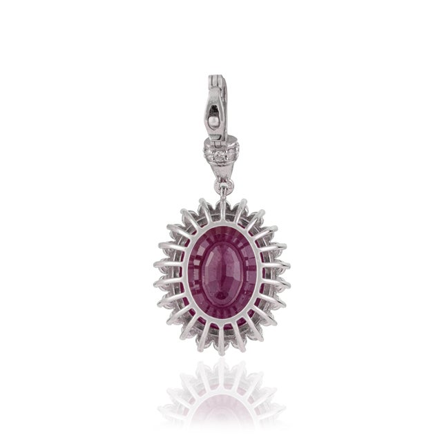 8.69Ct Oval Cut Ruby & Diamond Halo Contemporary Pendant in 14k White Gold For Sale - Image 9 of 14