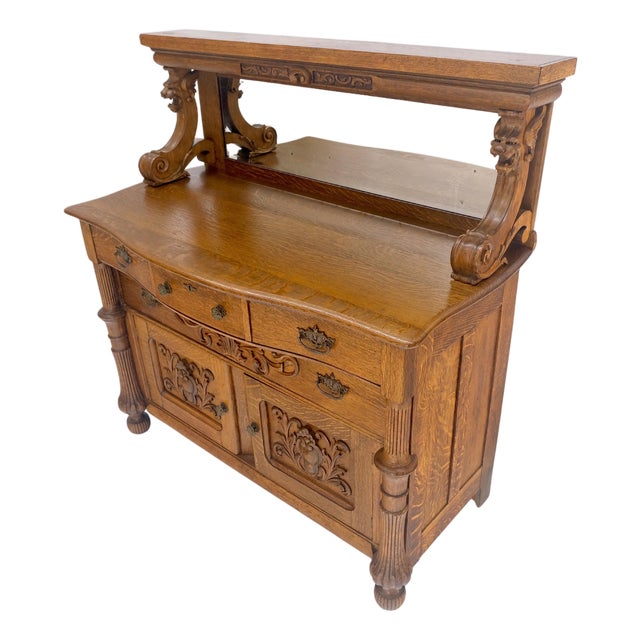 Victorian Lions Heads Mirrored Backsplash Fine Carved Oak Sideboard MINT! For Sale