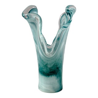 Teal & White Murano Art Glass Vase For Sale