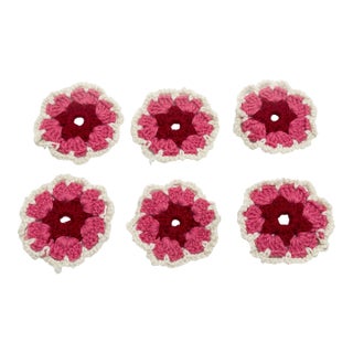 Vintage Mid Century Handmade Pink and White Crochet Coaster Set - 6 Pieces For Sale