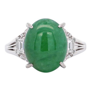 5.87 Carat Grade a Jadeite Jade and Diamond Platinum 3 Stone Ring Size 7.25 For Sale