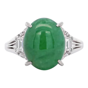 5.87 Carat Grade a Jadeite Jade and Diamond Platinum 3 Stone Ring Size 7.25